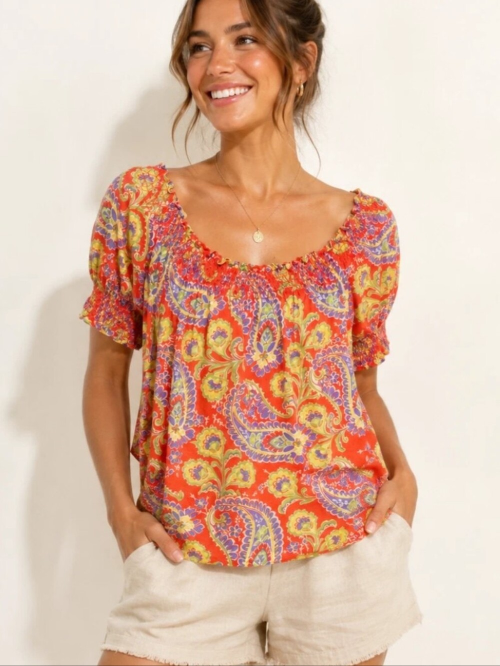 Ralph Lauren Orange Paisley Short-Sleeve Peasant Blouse
